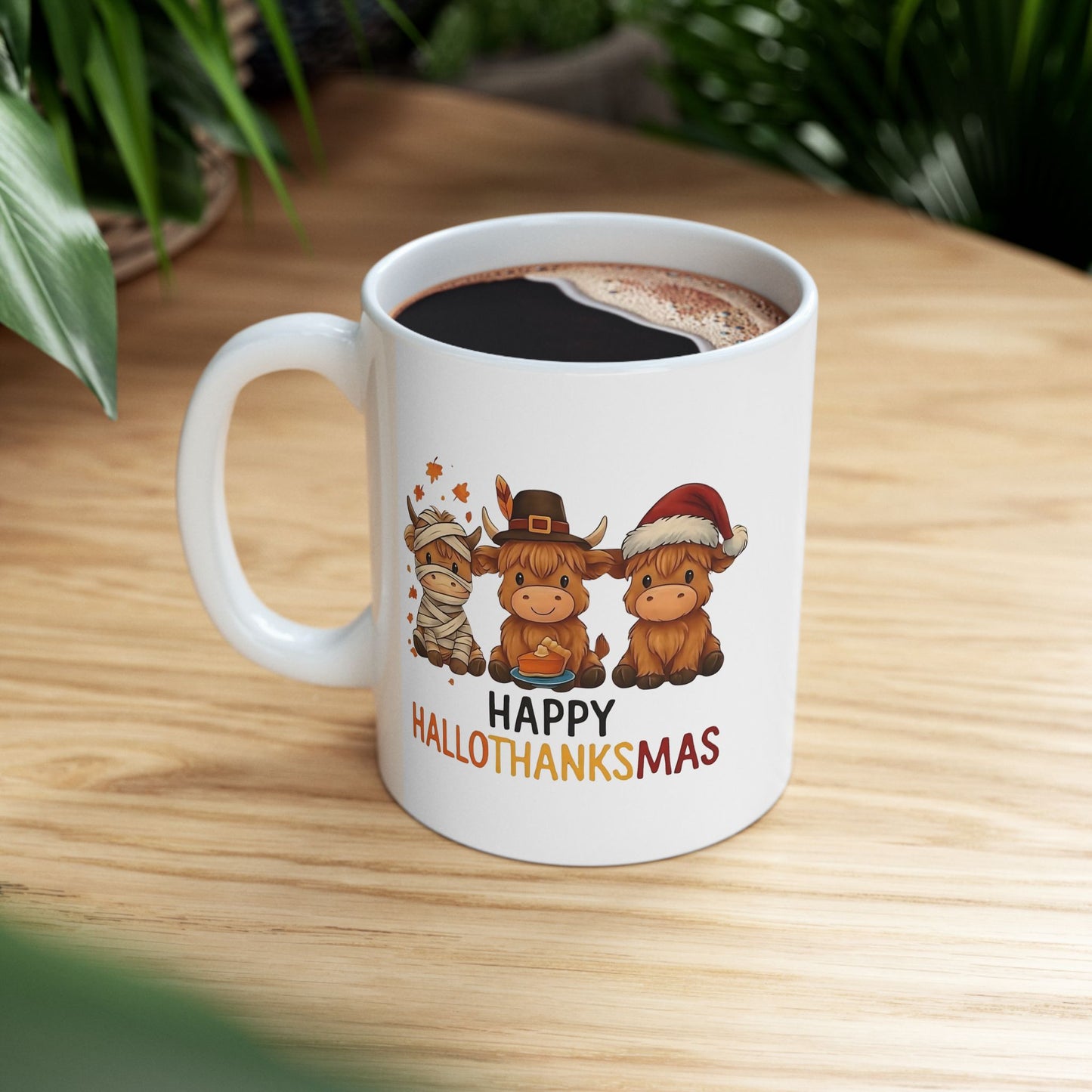 🐮🎃🦃🎄 Happy Hallothanksmas Mug – Cow Holiday Coffee Cup ☕✨