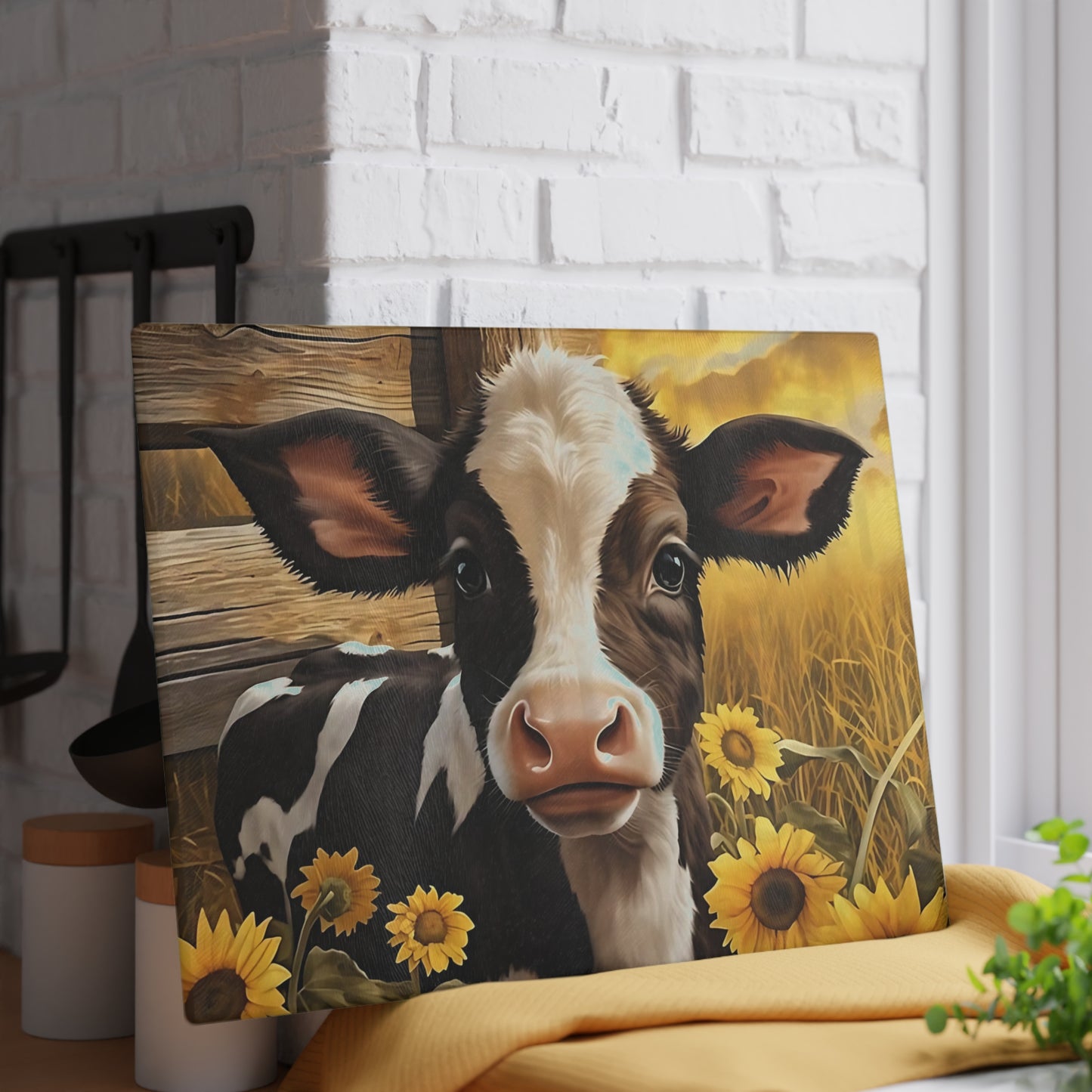 🐮🌻 Sunflower Calf Cutting Board – Rustic Farmhouse Beauty for Your Kitchen 🌾☀️
