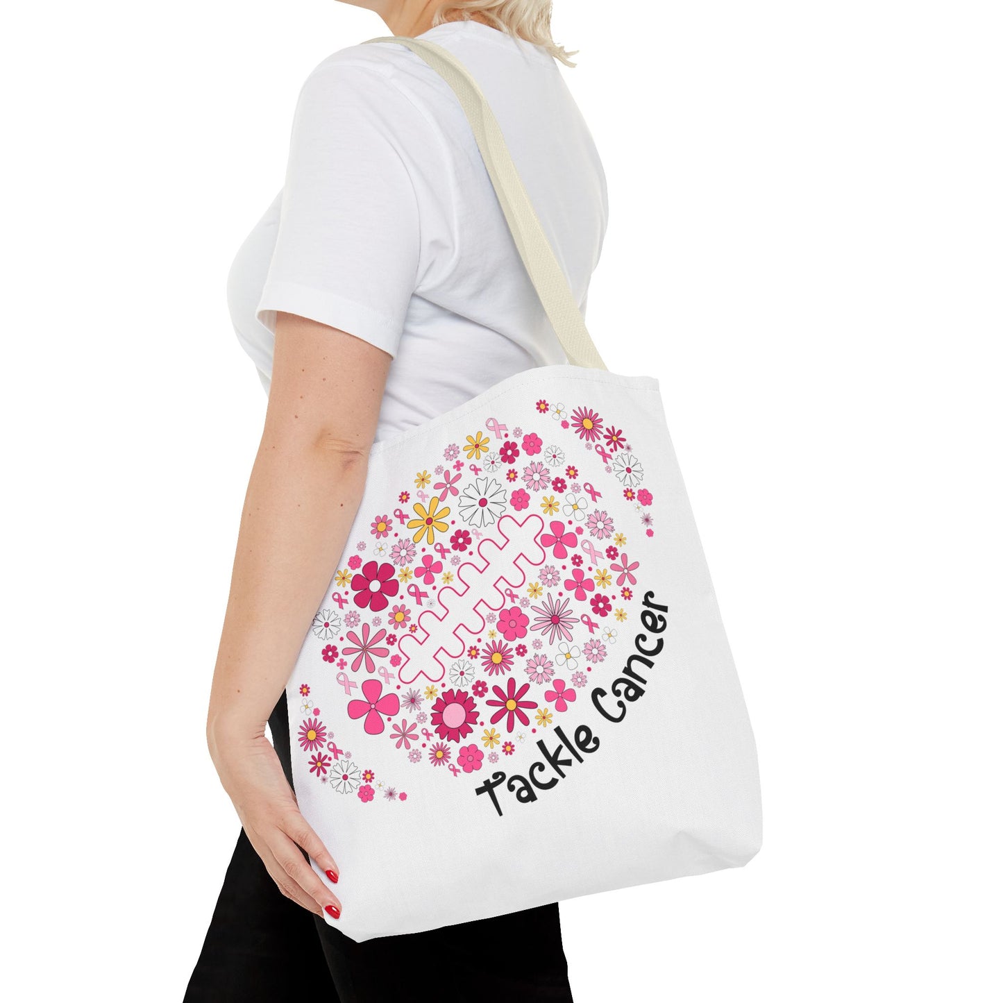 🌸 Pink Floral Football Tote Bag – Game Day Meets Breast Cancer Awareness 🎀👜