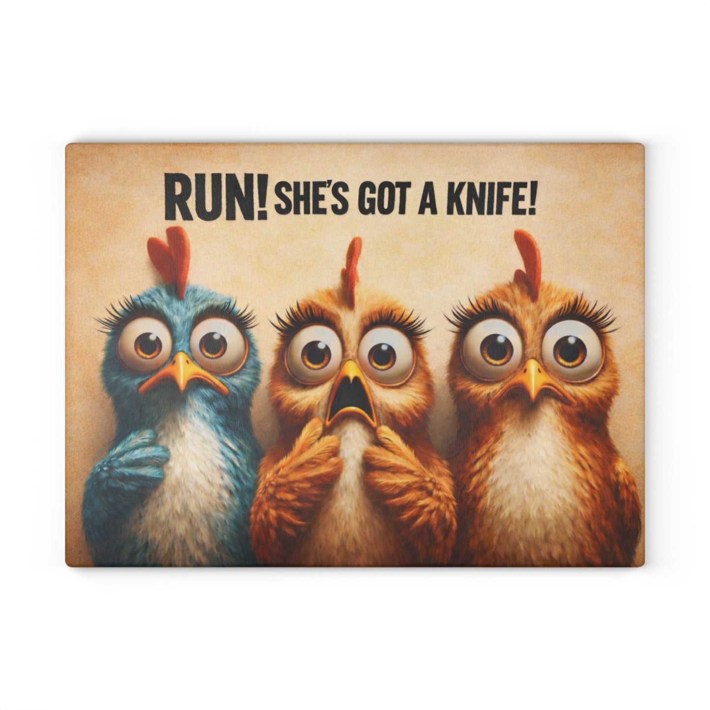 RUN! She’s Got a Knife Glass Cutting Board – Wide-Eyed Chicken Panic Farmhouse Artwork