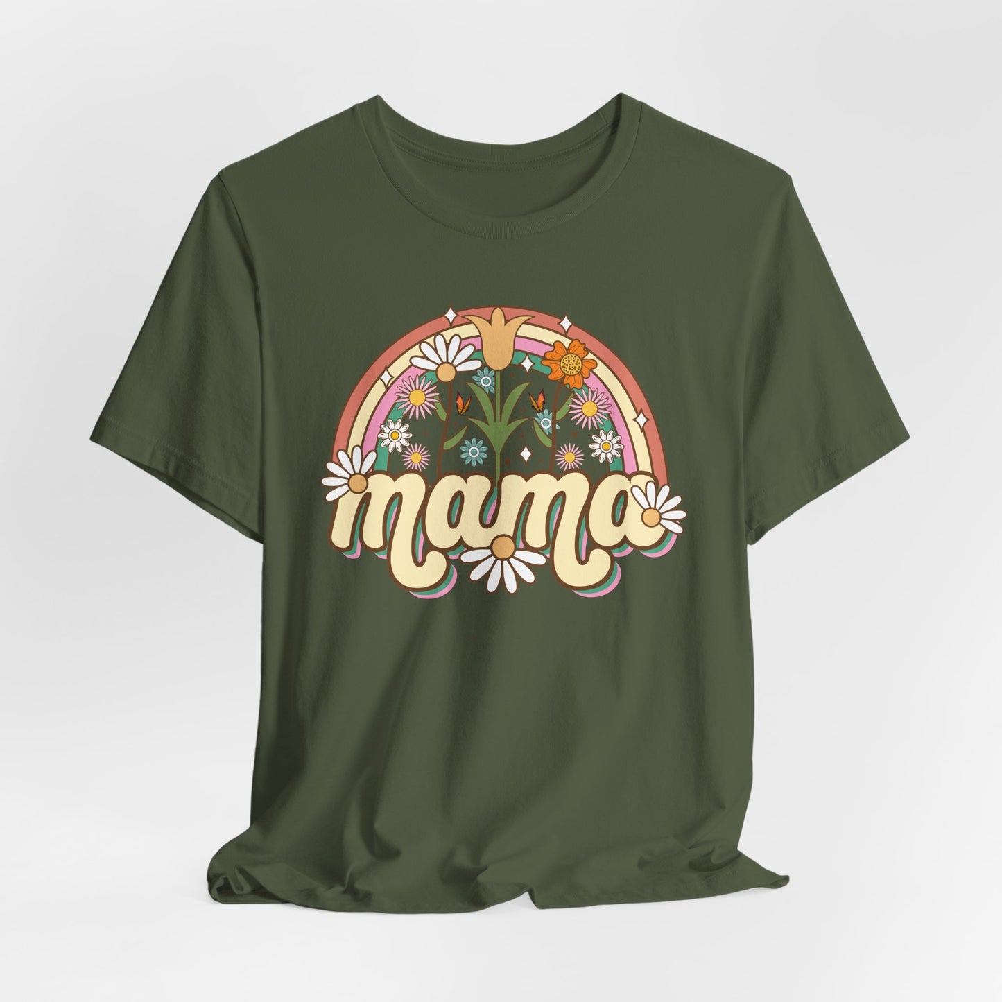 🌼🌈 Retro Floral Mama T-Shirt – Boho Rainbow Graphic Tee for Moms 🌻✨
