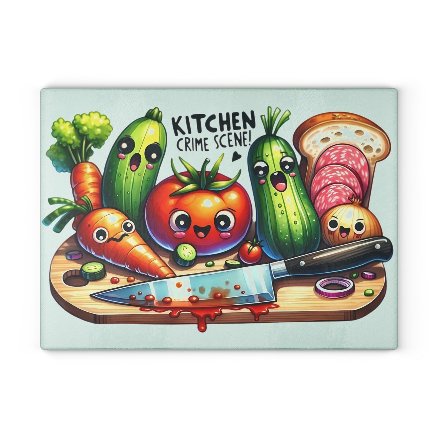 Tabla de cortar de vidrio con temática de escena del crimen en la cocina: verduras, pan y salami que gritan, decoración divertida para la cocina