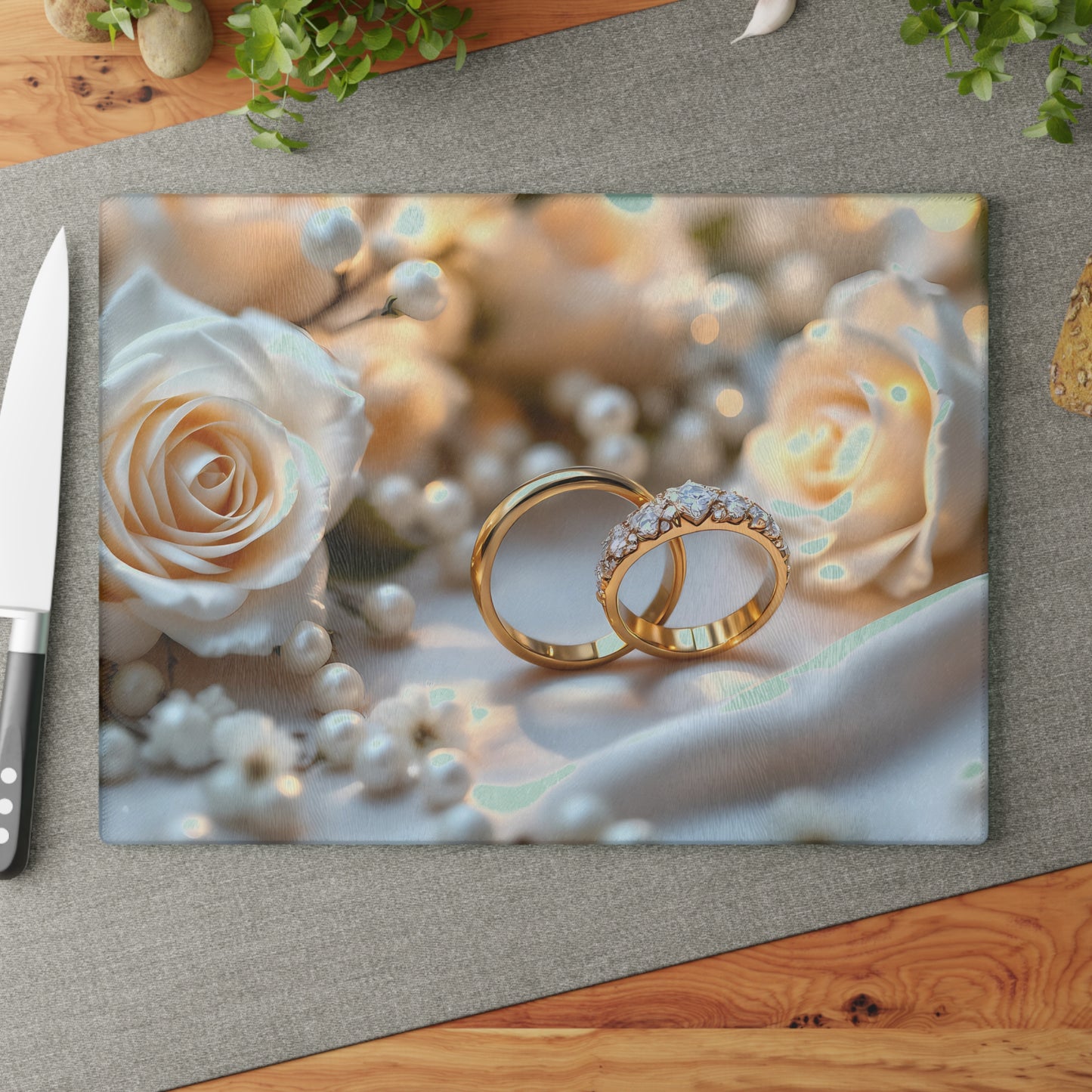 💒 White Rose & Gold Rings Cutting Board – Timeless Elegance for Weddings & Love