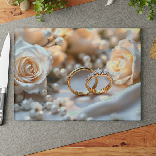 💒 White Rose & Gold Rings Cutting Board – Timeless Elegance for Weddings & Love