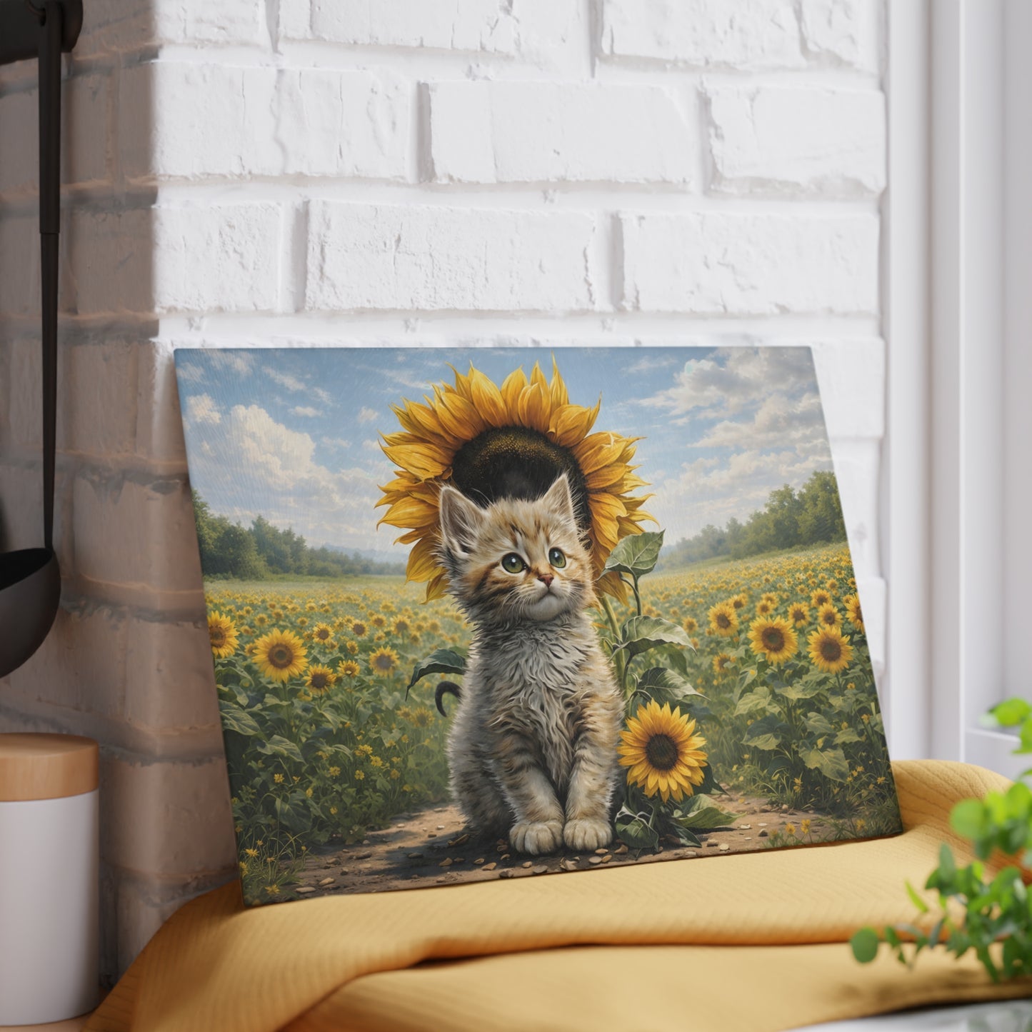 Sunflower Kitten Glass Cutting Board – Whimsical Floral Cat Art Kitchen Decor