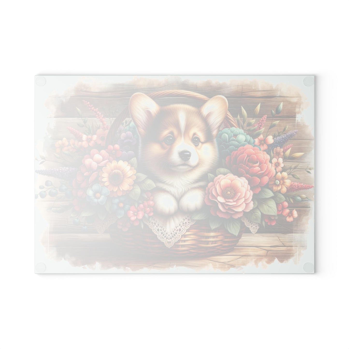 🐶🌸 Corgi in Basket Cutting Board – Sweet Charm Meets Rustic Elegance 🌼