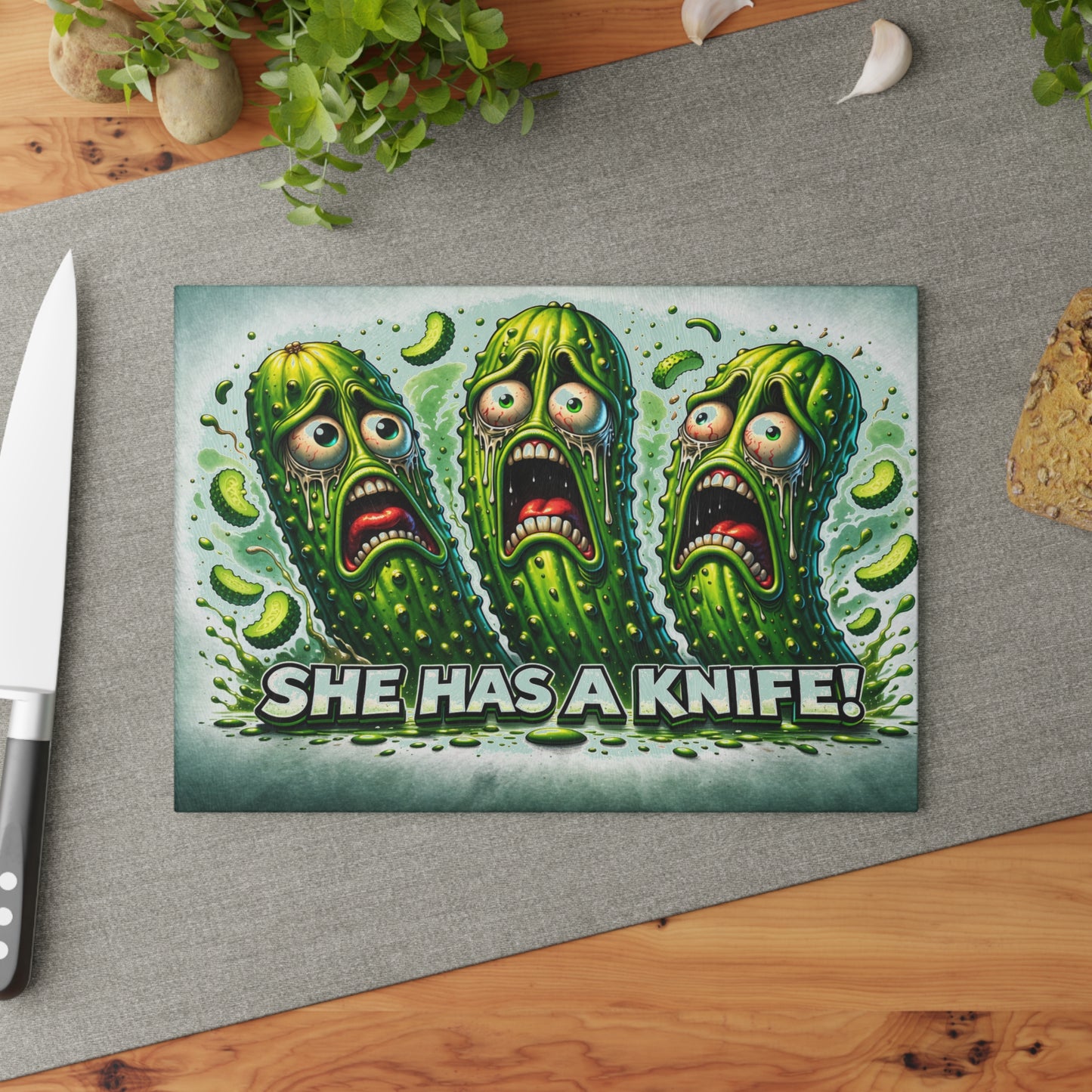 She Has a Knife! Glass Cutting Board – Pickle Panic Funny Kitchen Decor