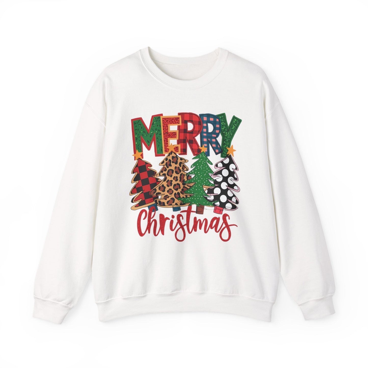 🎄✨ Merry Christmas Trees Sweatshirt – Bold Patterns & Festive Cheer
