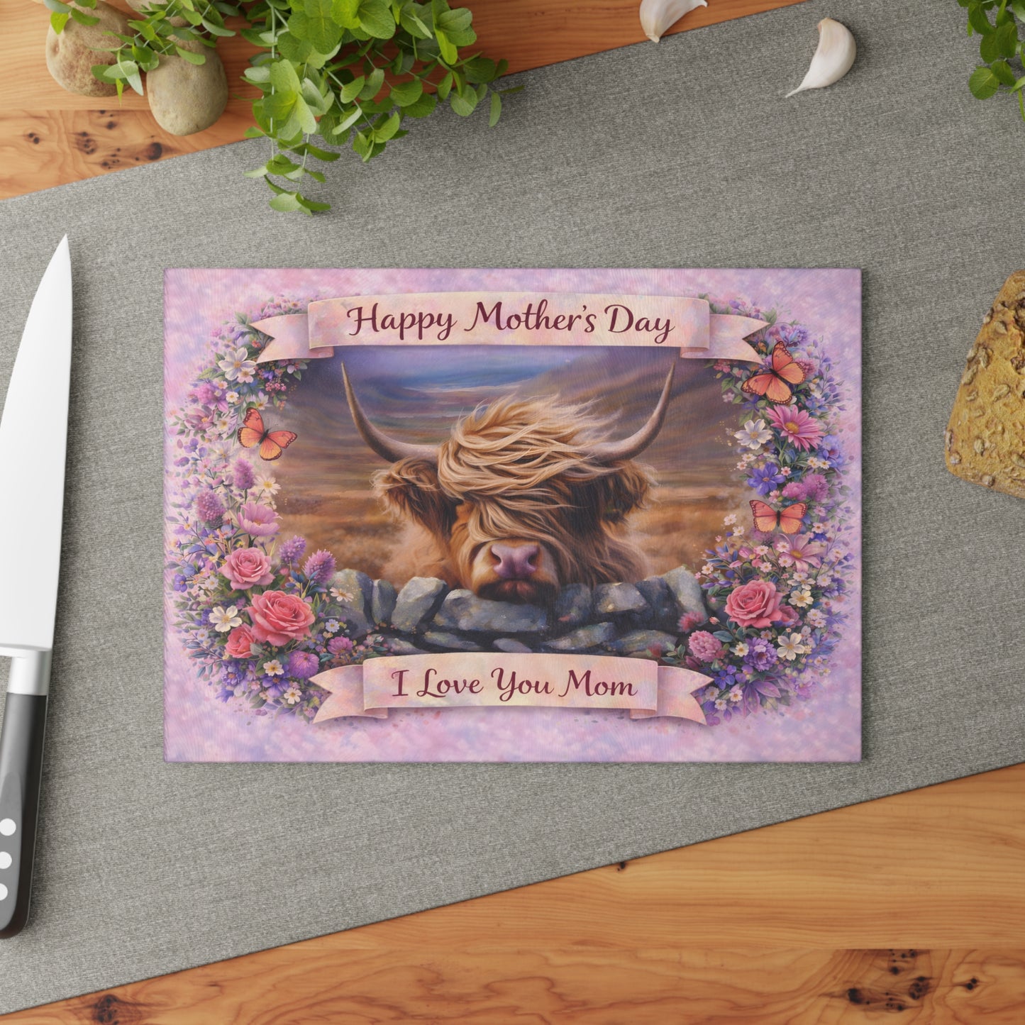Mother’s Day Highland Cow Floral Glass Cutting Board – Soft Country Artwork with Butterflies