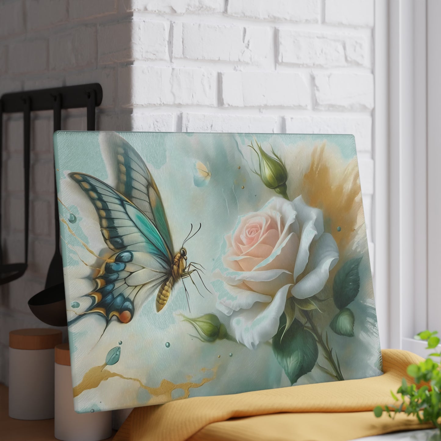 Butterfly & Single Rose Glass Cutting Board – Graceful Beauty for Your Kitchen