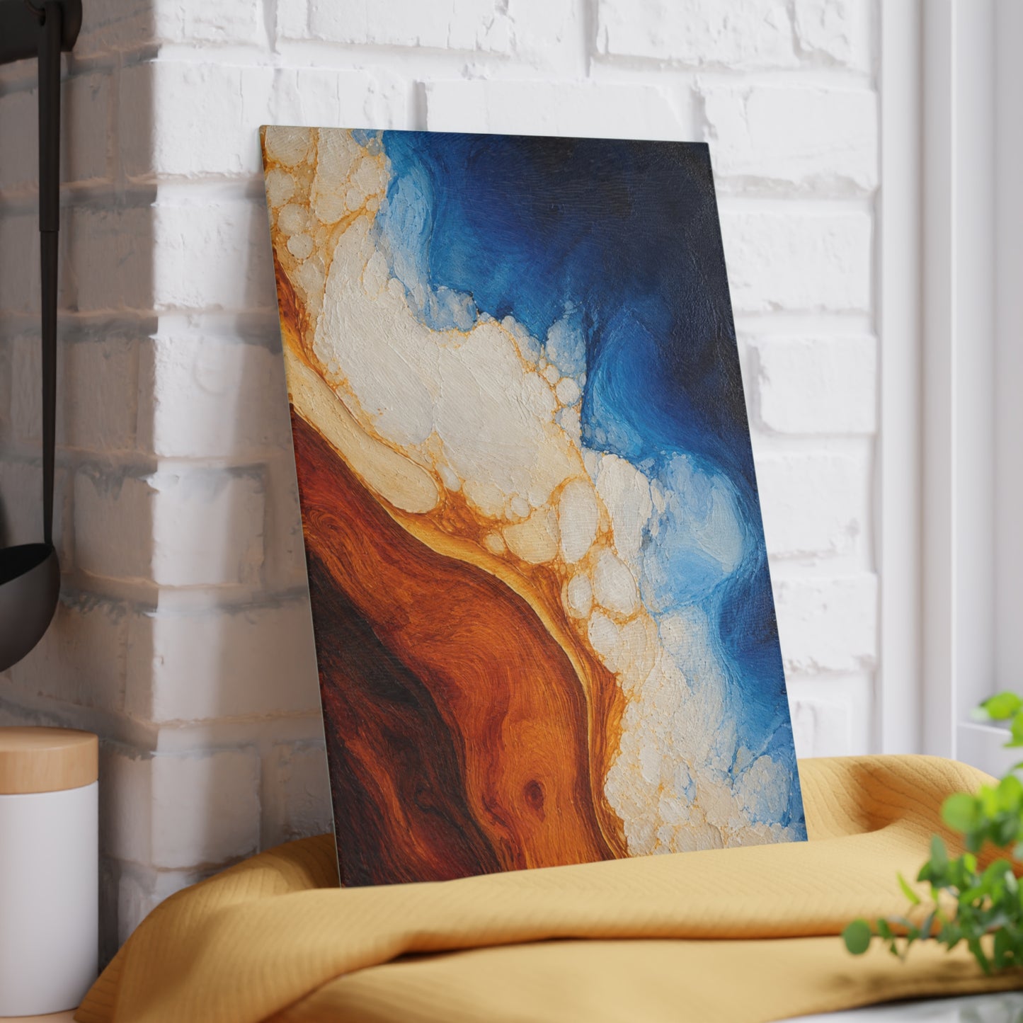 Coastal Resin-Painted Look Ocean Abstract Glass Cutting Board – Blue Waves and Golden Shoreline Artwork