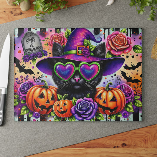 🐾🎃 Paws & Pumpkins Halloween Cat Cutting Board – Spooky Glam with Witchy Charm 🦇🌹
