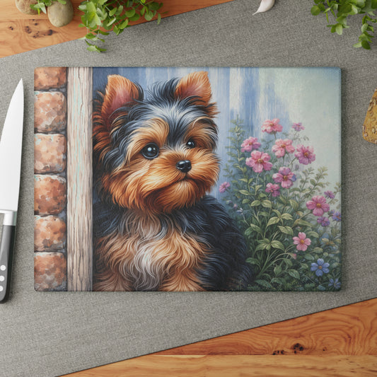 Cottage Yorkie Peek Glass Cutting Board – Floral Pup Charm for Cozy Kitchens