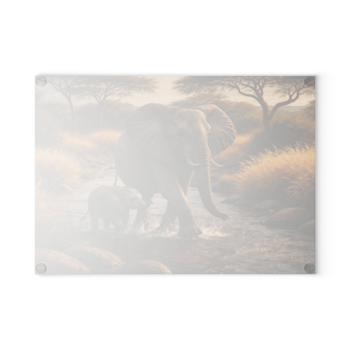 Elephant and Calf River Crossing Glass Cutting Board – Peaceful Wildlife Nature Kitchen Art