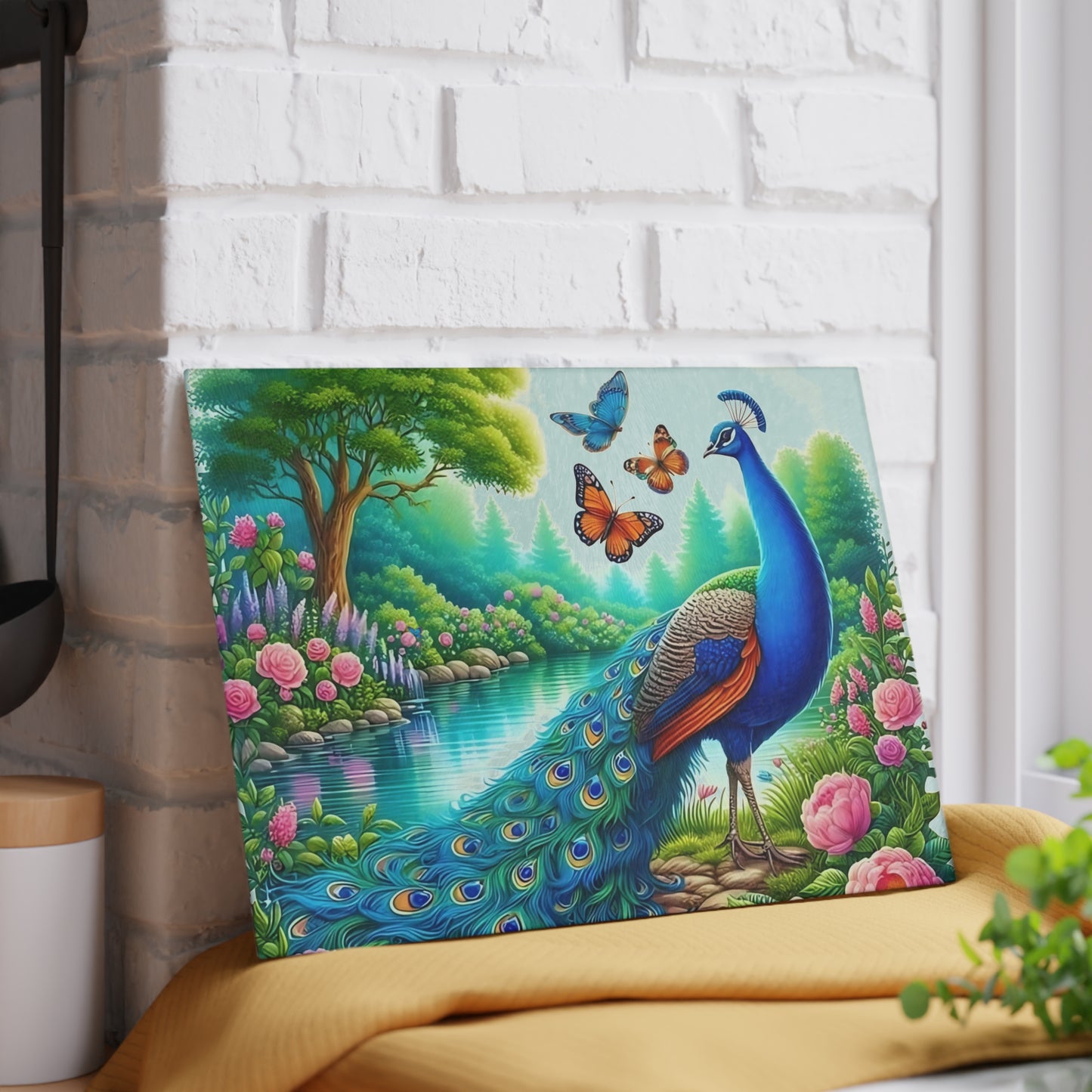 Peacock decor, butterfly decor, cutting board, kitchen decor, kitchen art, serving board, peacock gift, butterfly gift, floral cutting board