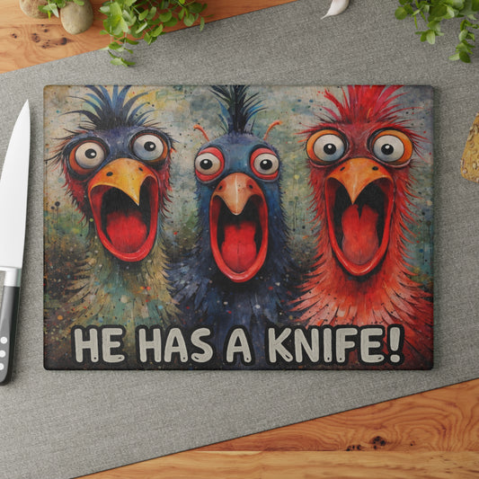 He Has a Knife! Glass Cutting Board – Funny Chicken Farm Kitchen Decor