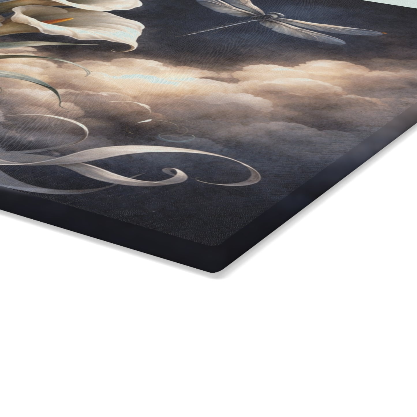 Calla Lily and Dragonfly Glass Cutting Board – Elegant Floral Botanical Artwork