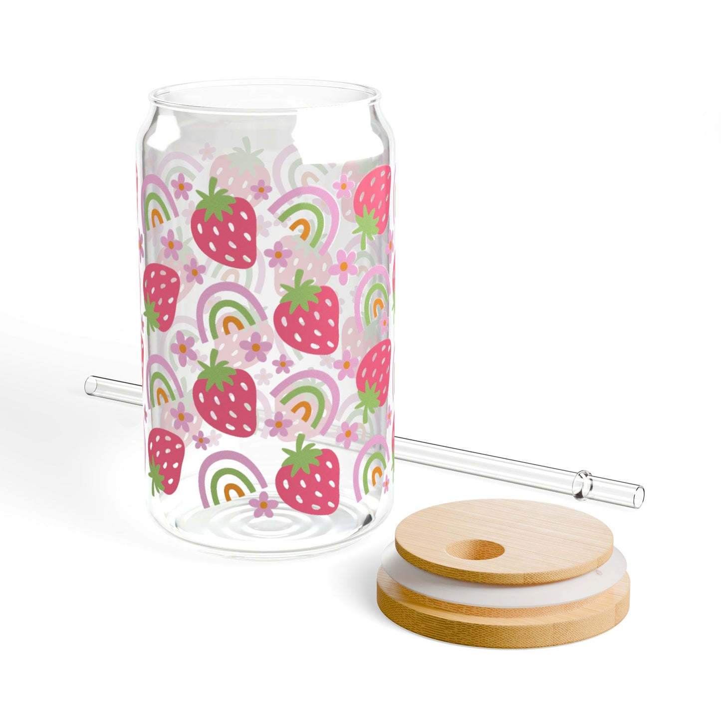 🍓🌈 Strawberry Rainbow Sipper Glass – 16oz Cheerful Sips for Sunshine Days ☀️💖