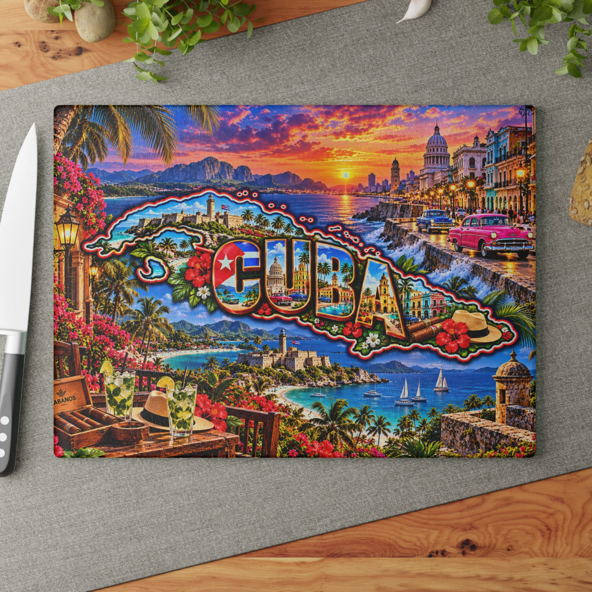 Cuba Map Cutting Board – Colorful Havana Landmarks, Classic Cars, Tropical Beaches, Cuban Flag & Caribbean Kitchen Décor