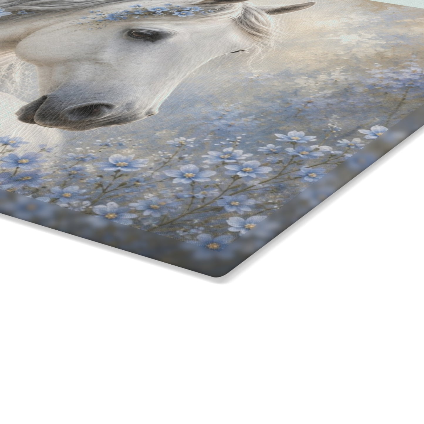 White Horse with Blue Flowers Glass Cutting Board – Elegant Floral Horse Kitchen Decor