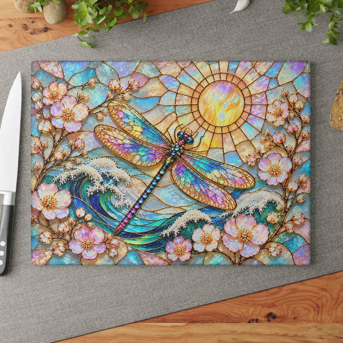 Stained-Glass-Inspired Dragonfly Cutting Board – Iridescent Rainbow Wings, Cherry Blossoms, Ocean Waves & Golden Sun Kitchen Décor