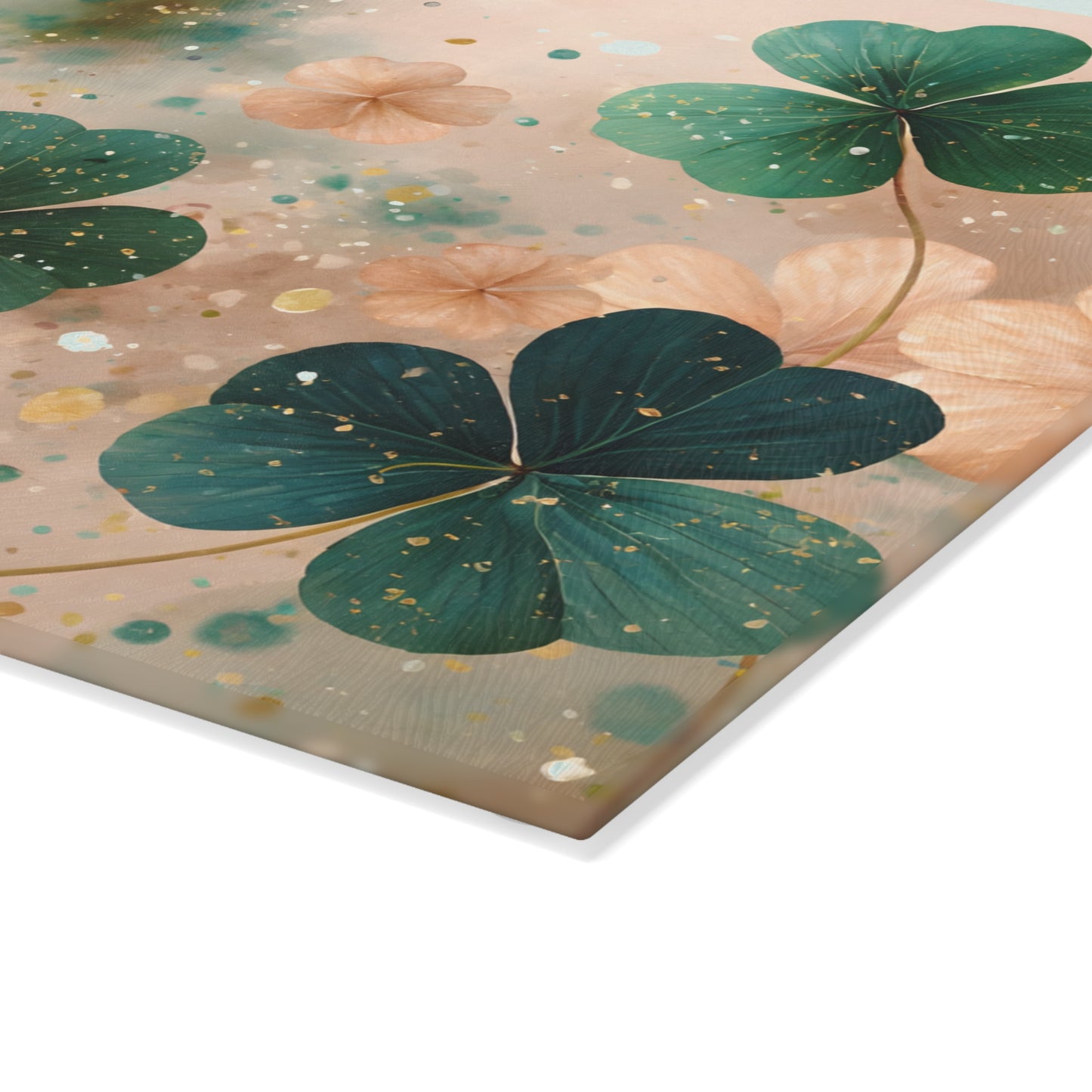Pastel Shamrock Floral Glass Cutting Board – Soft Irish Clover Spring Kitchen Art