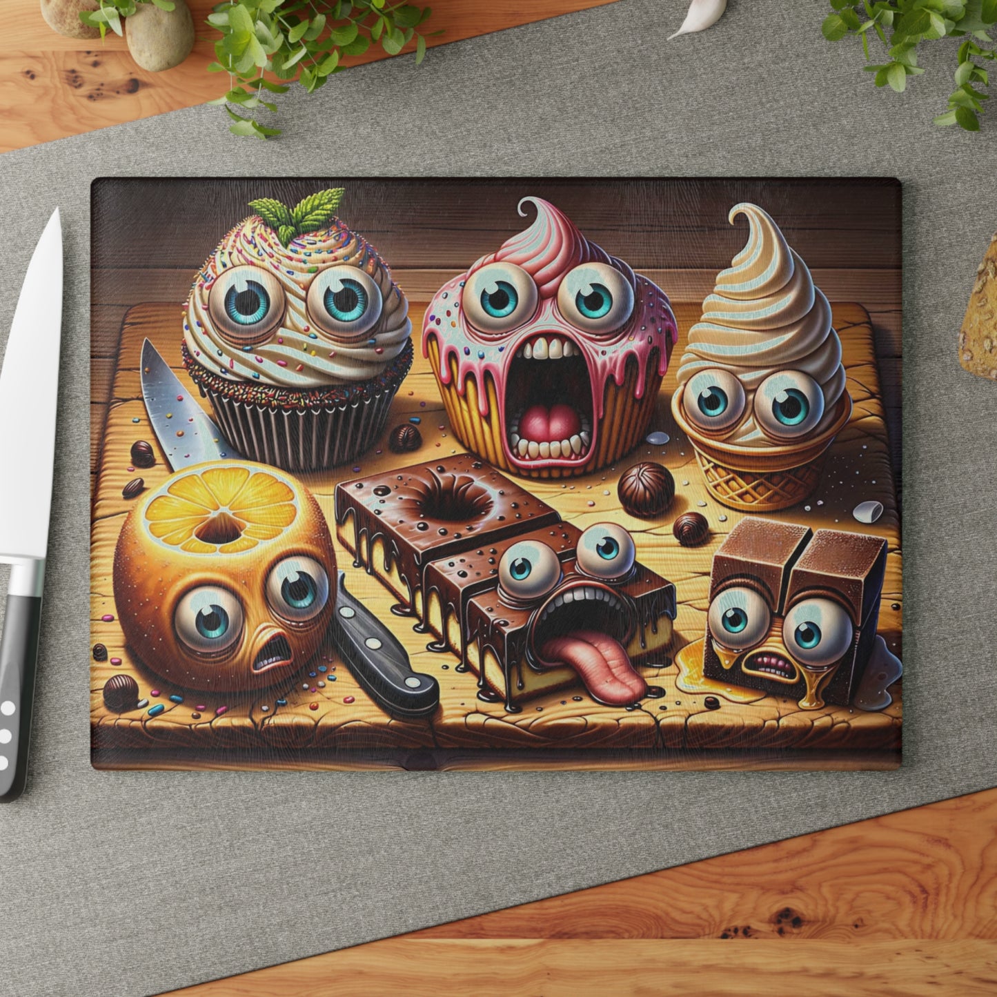 🍰🤣 “Sweet Squad Shenanigans” Glass Cutting Board – Fun Dessert Vibes for Your Kitchen