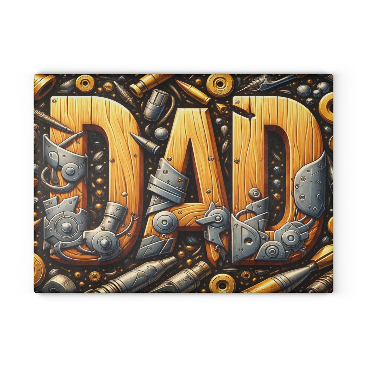 Dad Workshop Tribute Glass Cutting Board – Rustic Father’s Day Tool Art