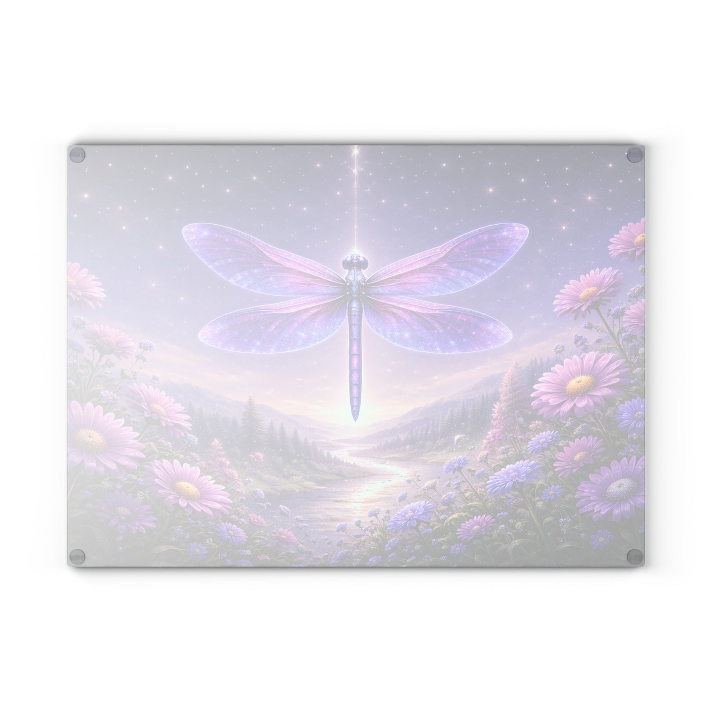 Celestial Dragonfly Glass Cutting Board – Purple Fantasy Floral Night Sky Kitchen Display
