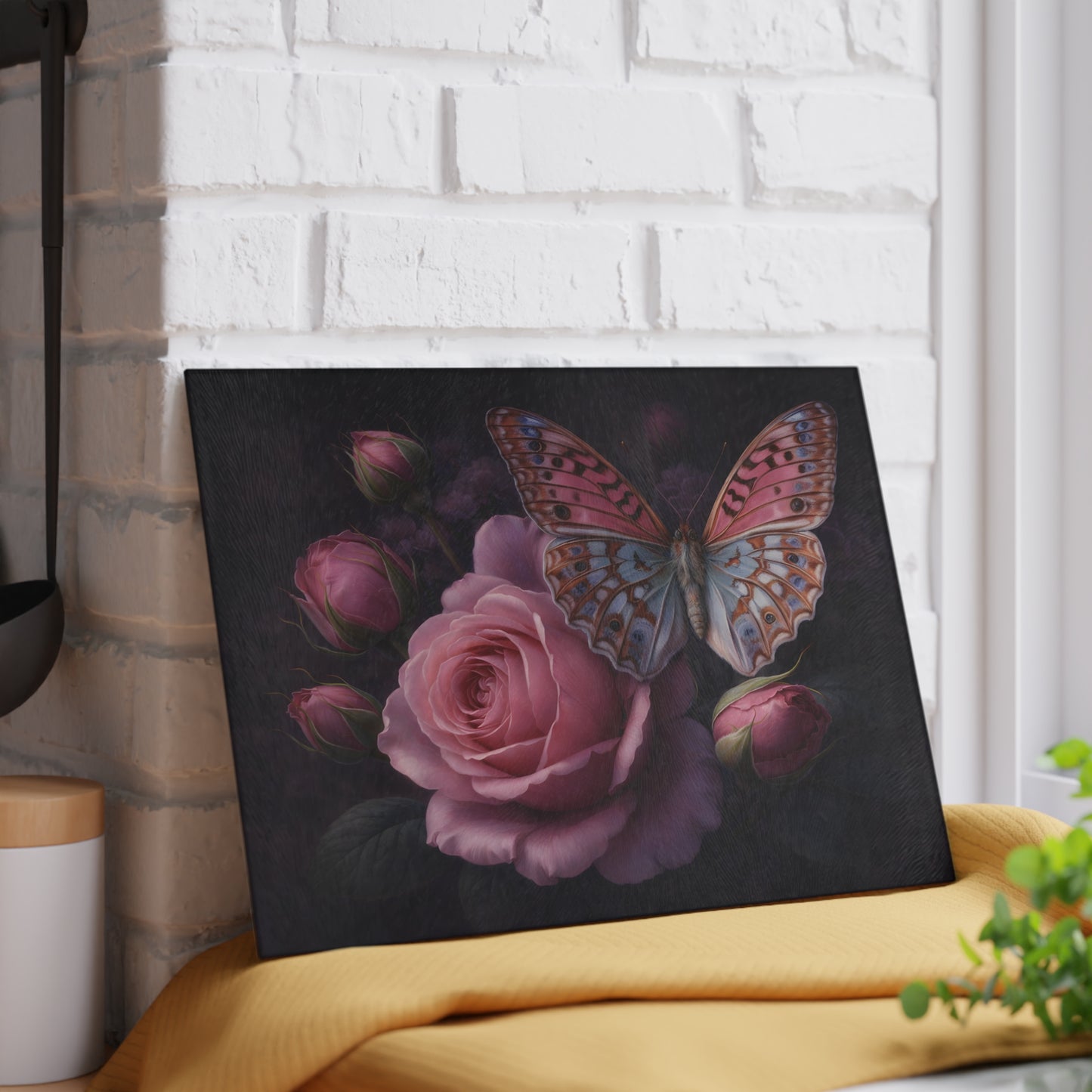 Pink Rose & Butterfly Glass Cutting Board – Elegant Dark Floral Nature Kitchen Décor