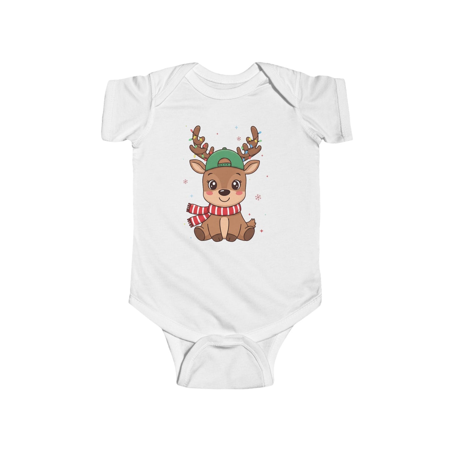 🎄🦌 Reindeer Boy Baby Onesie – Festive Lights & Cap Style ✨