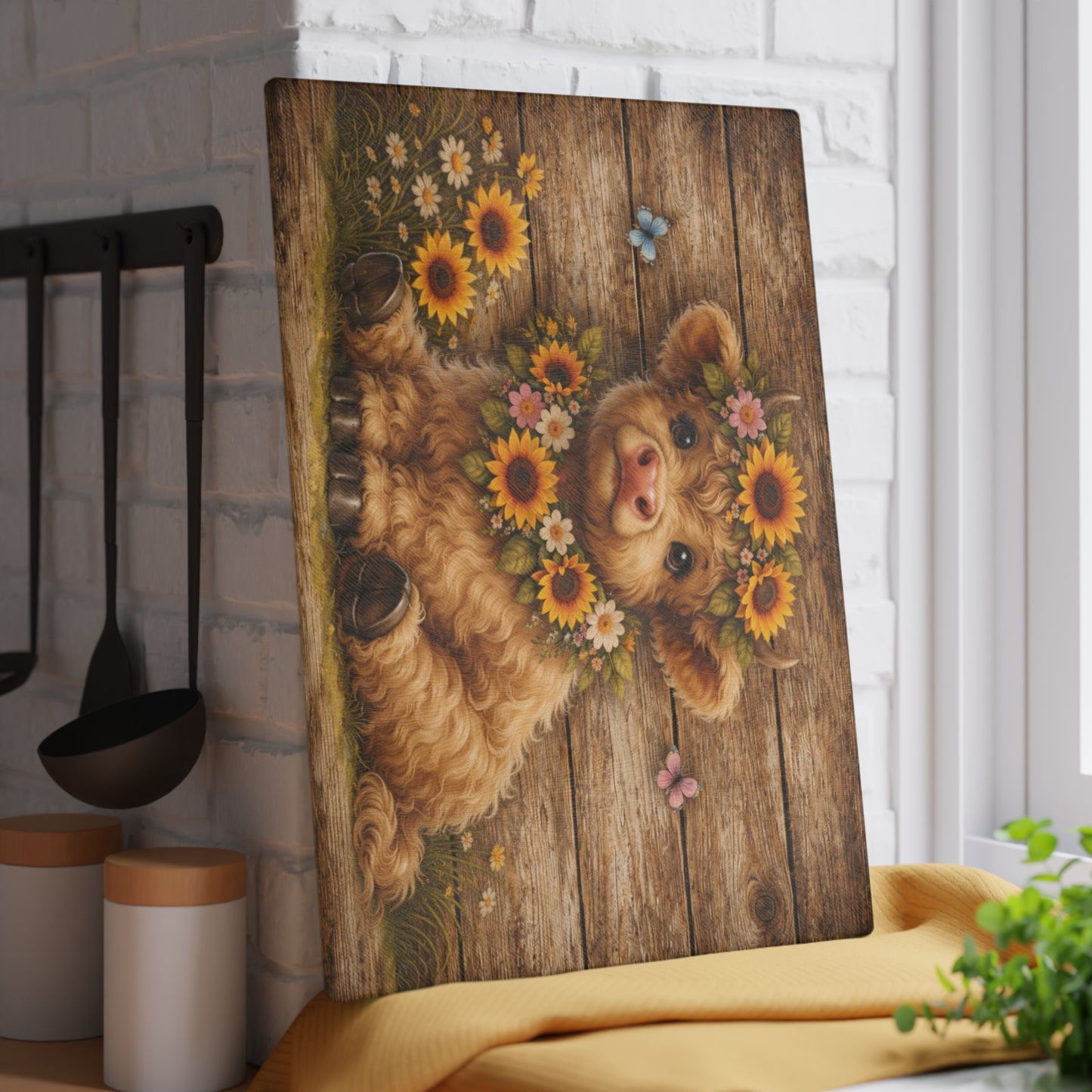 Floral Highland Calf Glass Cutting Board – Rustic Farmhouse Wood Background