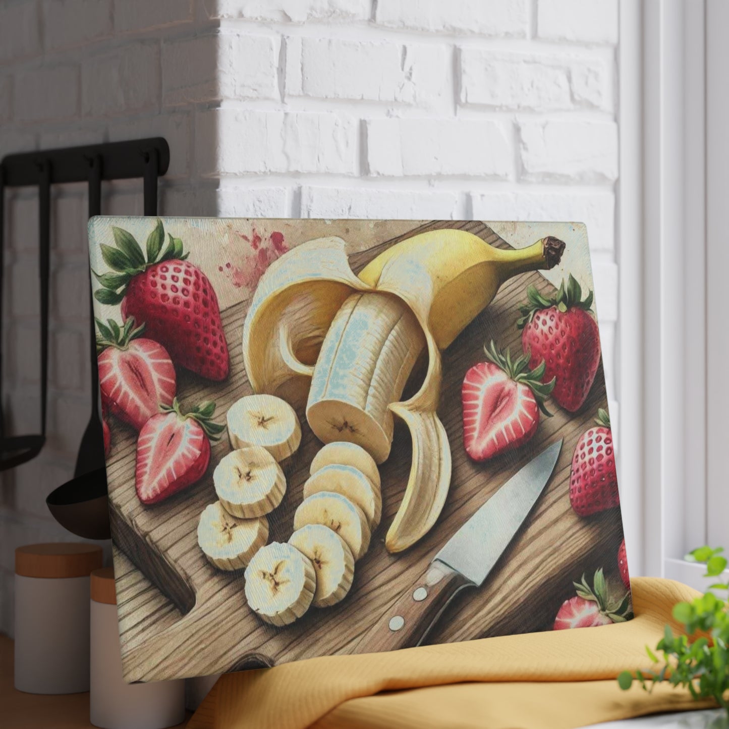 Tabla de cortar de vidrio templado para exhibición de frutas con una vibrante variedad de frutas frescas
