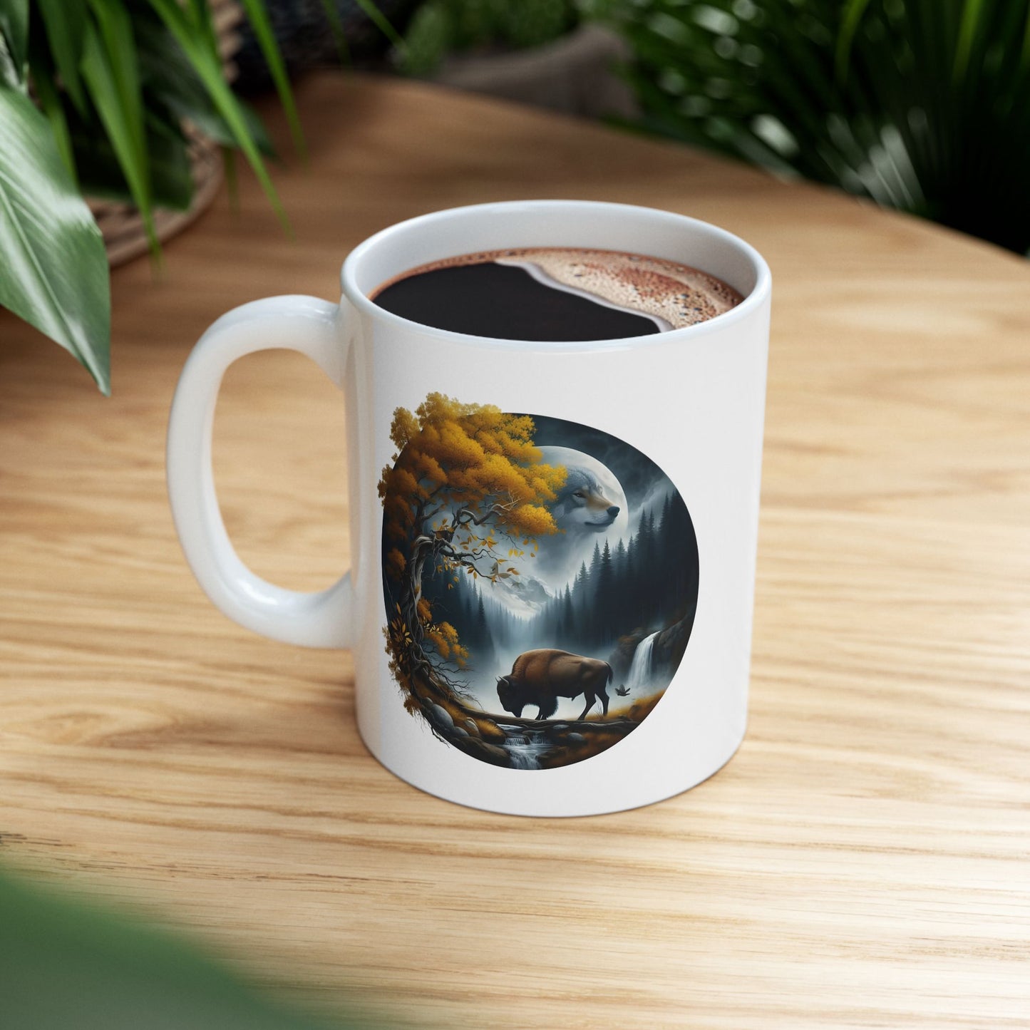 🌙🐂 Wolf & Buffalo Spirit Mug – Autumn Nature Coffee Cup ☕🌲