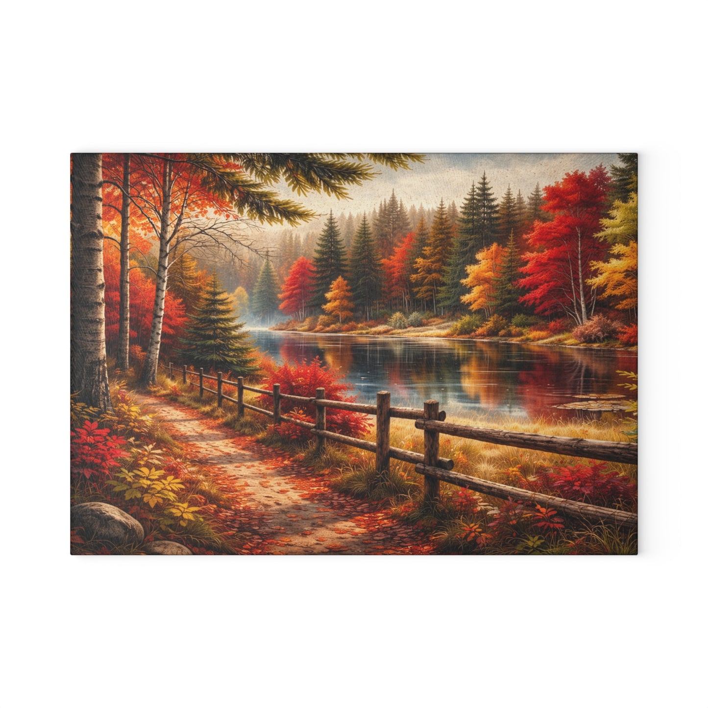 Autumn Lakeside Path Glass Cutting Board – Rustic Fall Forest Lake Kitchen Art
