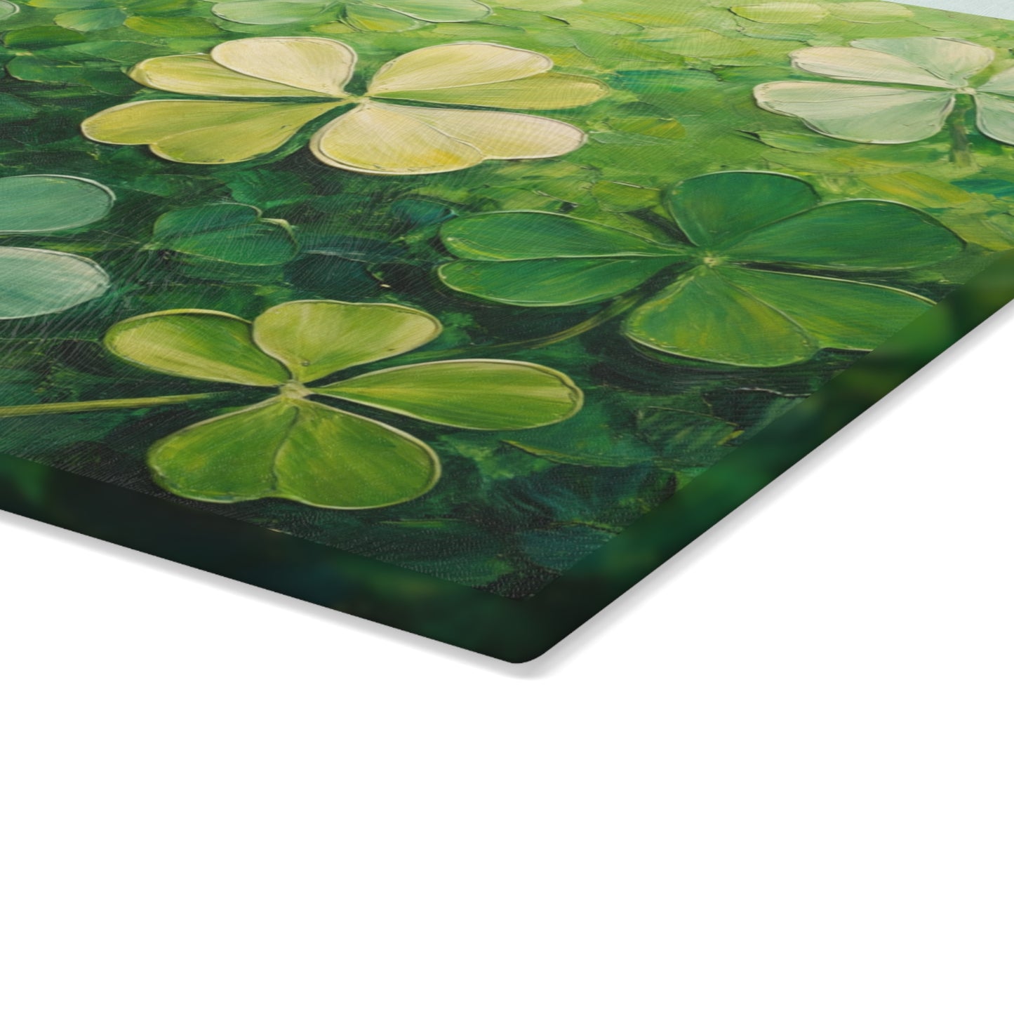 Shamrock Meadow Glass Cutting Board – Painterly Green Clover Kitchen Accent