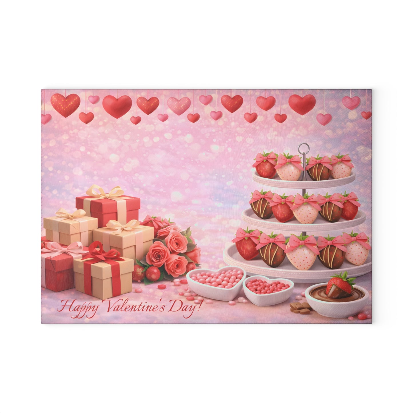 Chocolate-Covered Strawberry Valentine Glass Cutting Board – Personalized Romantic Dessert Display