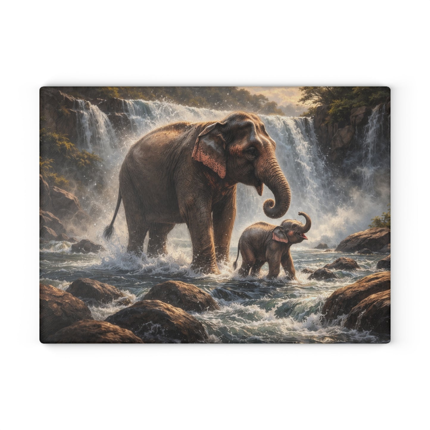 Elephant Waterfall Wildlife Glass Cutting Board – Majestic Nature Scene Kitchen Art