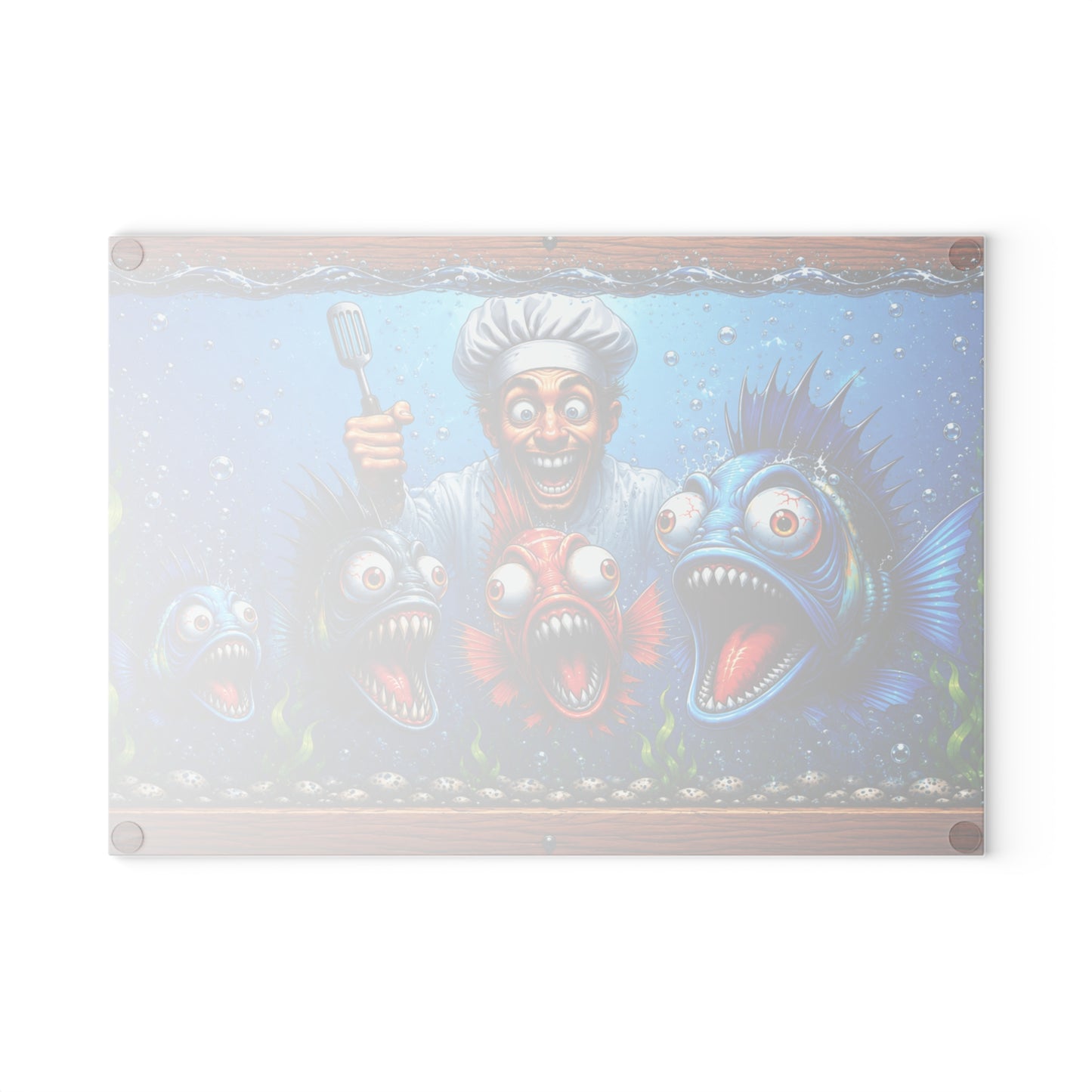 Kitchen Chaos: Fish & Chef Glass Cutting Board – Funny Aquarium Kitchen Décor