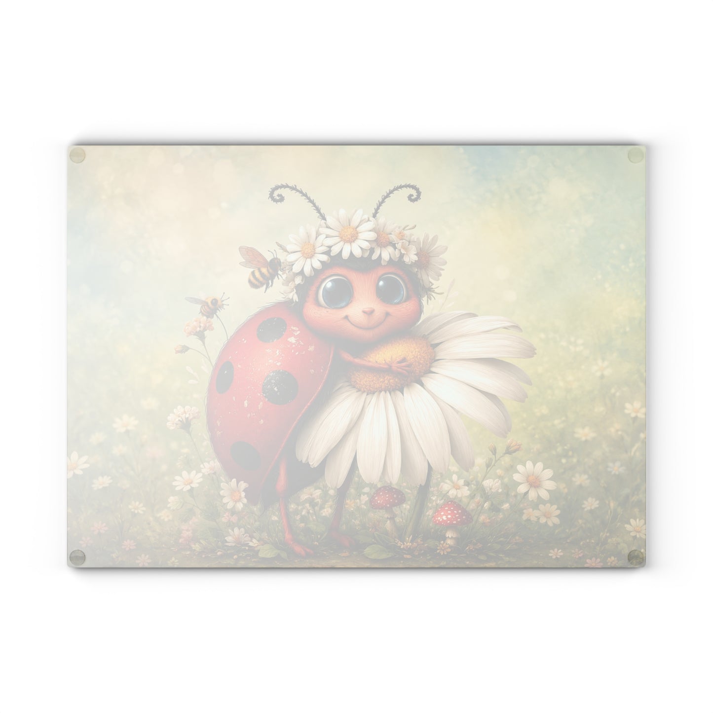 Ladybug Hugging Daisy Glass Cutting Board – Adorable Garden Artwork with Whimsical Spring Charm