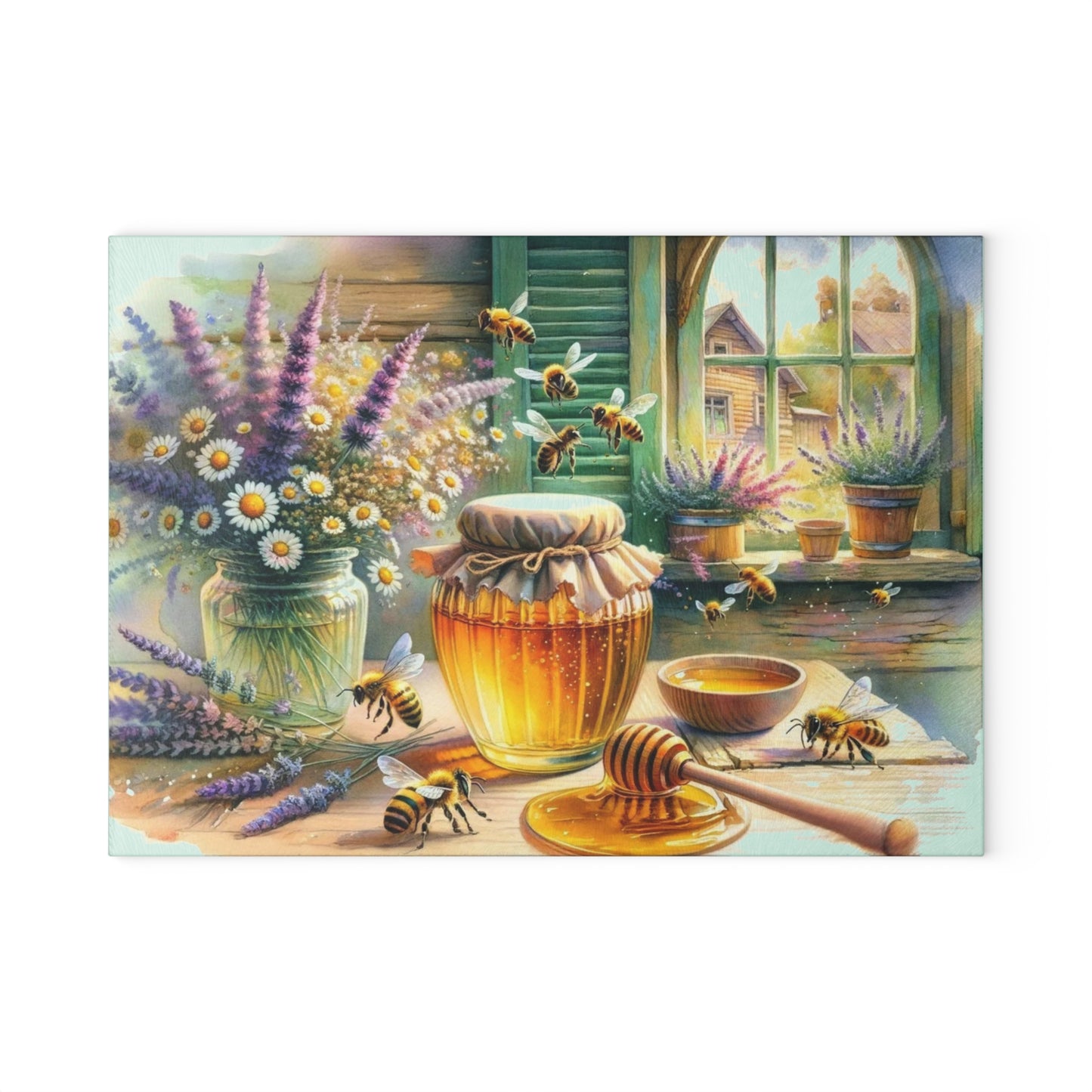 🍯🌼 “Honey & Wildflowers” Glass Cutting Board – Cozy Cottage Charm for Your Kitchen