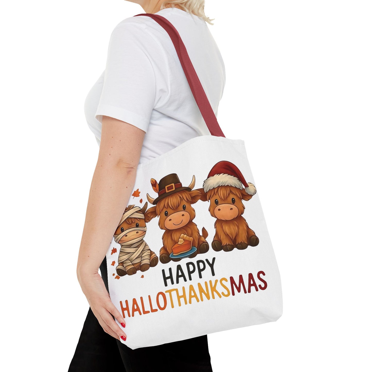 🐮 Happy Hallothanksmas Highland Cow Tote Bag – Holiday Fun All Season 🎃🦃🎄👜