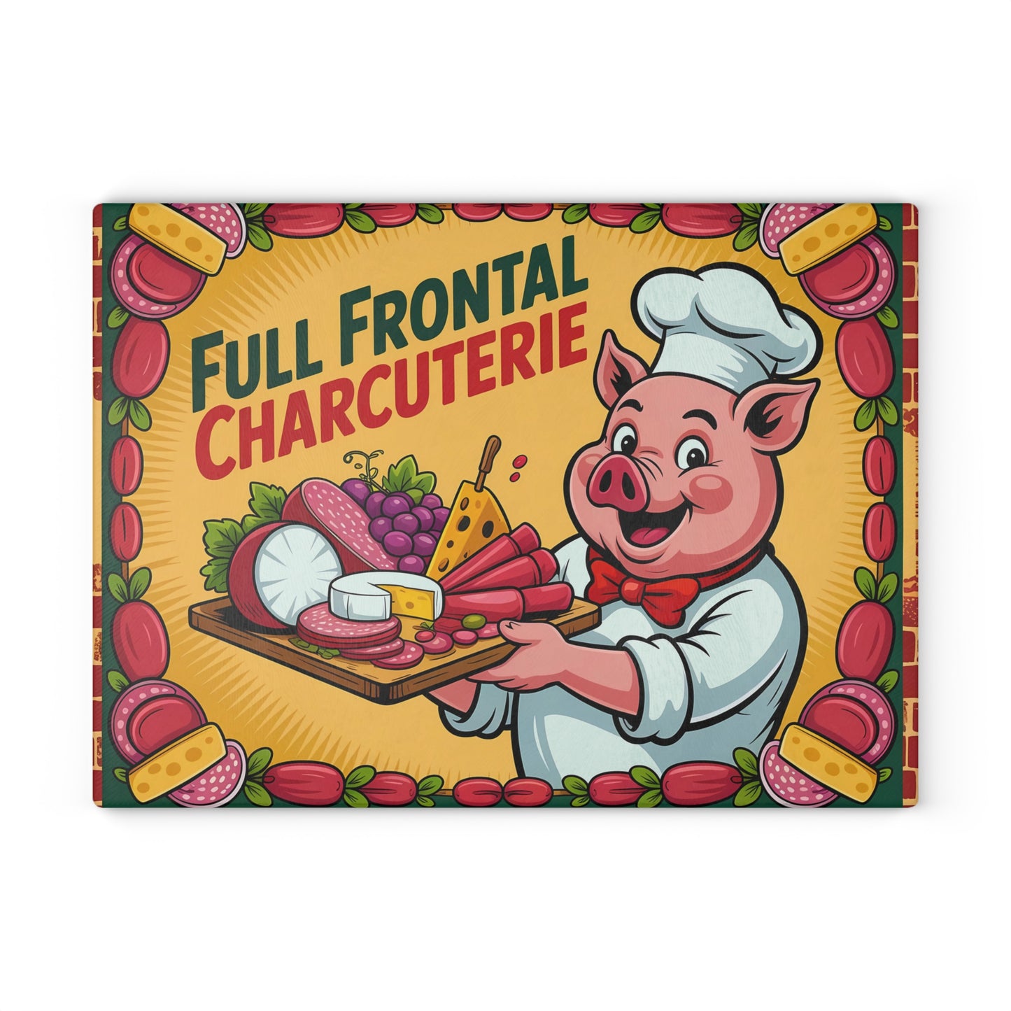 Tabla de cortar charcutería con vista frontal completa: divertida tabla de quesos y carnes del chef Pig