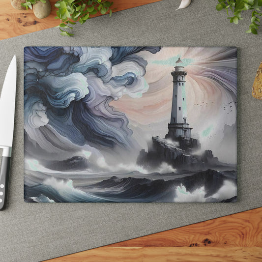Tabla de cortar con diseño de faro, tabla de charcutería, tabla de cortar única, tabla de cortar de vidrio templado, regalo de inauguración de la casa, tabla de cortar personalizada