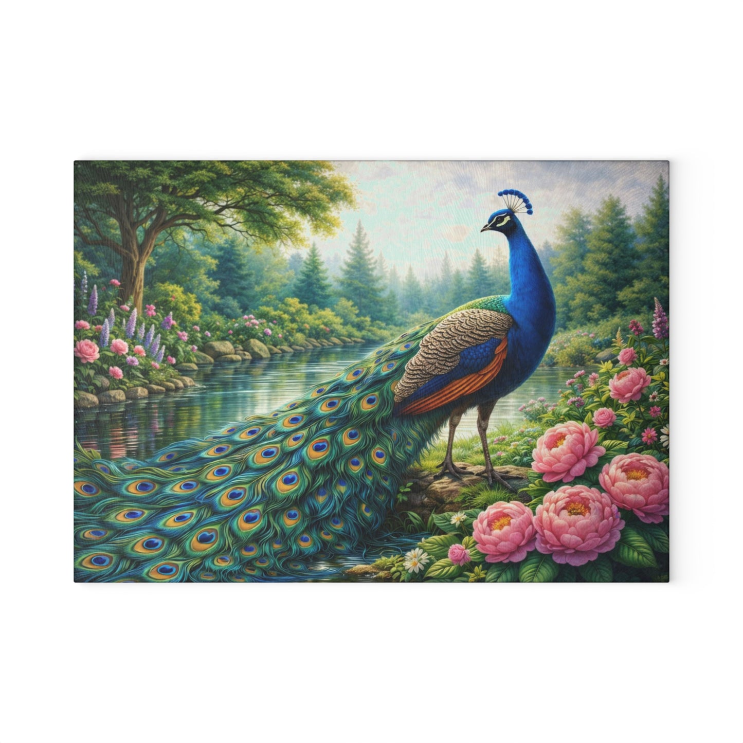 Teal Peacock Garden Glass Cutting Board – Elegant Floral Nature Art Kitchen Display