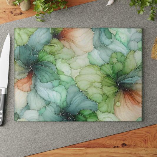 Tabla de cortar de vidrio abstracto en verde, óxido y verde azulado: elegancia y funcionalidad.