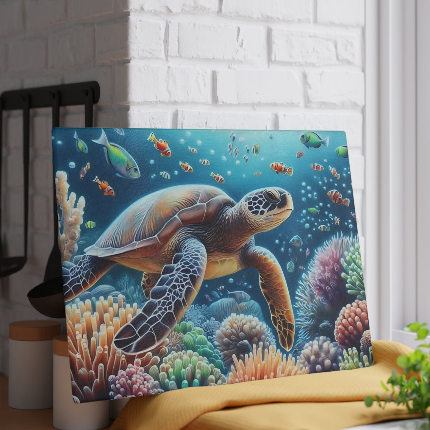 Tabla de cortar con diseño de tortuga marina y arrecife de coral: belleza oceánica serena para tu cocina