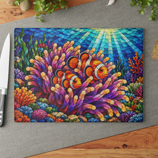 Clownfish Stained-Glass-Look Glass Cutting Board – Colorful Coral Reef & Anemone Kitchen Decor