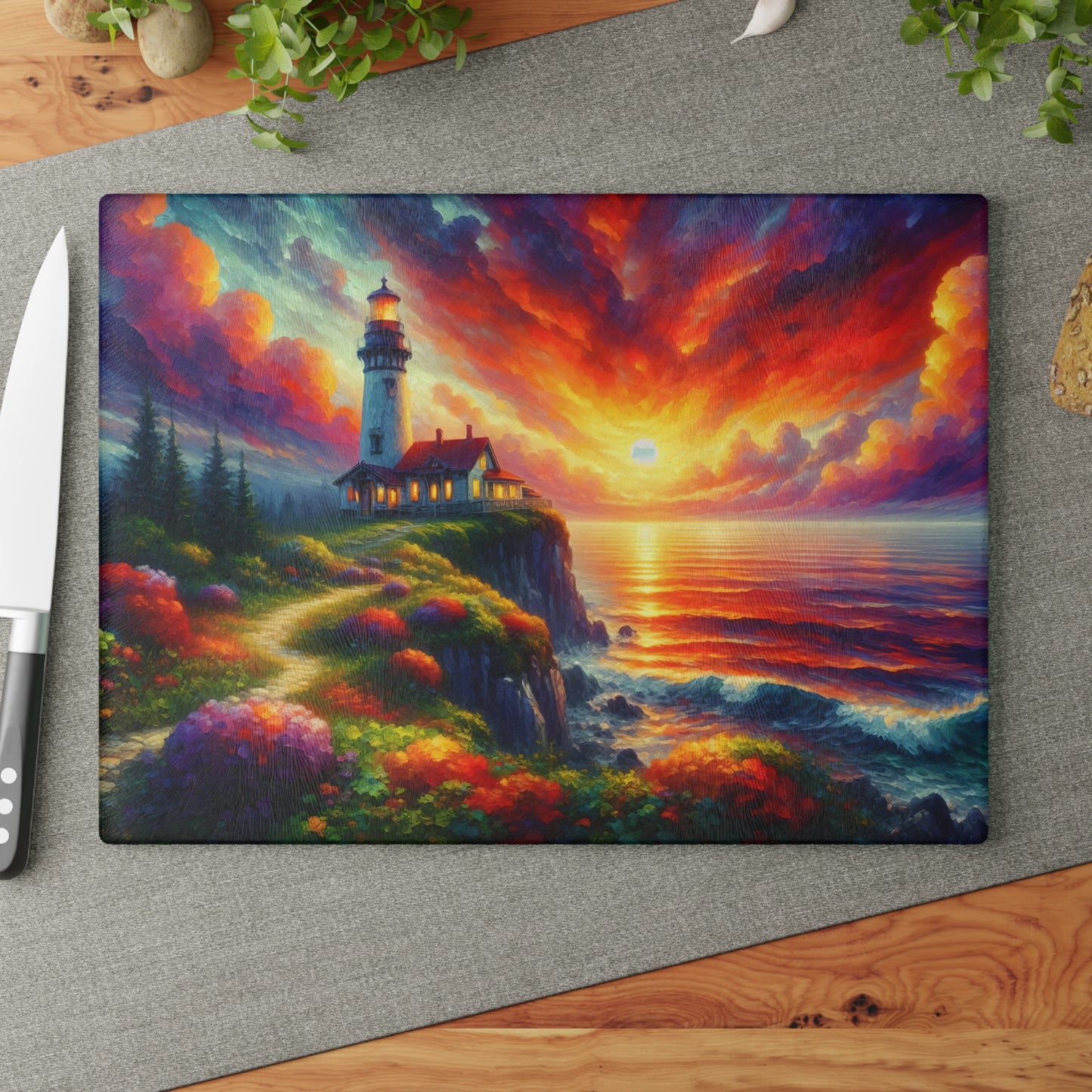 Radiant Lighthouse Sunset Glass Cutting Board – Coastal Seascape Art Kitchen Display