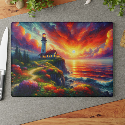 Radiant Lighthouse Sunset Glass Cutting Board – Coastal Seascape Art Kitchen Display